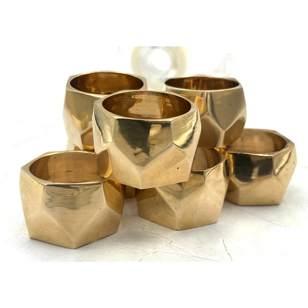 Set of 8 Solid‎ Brass Faceted Napkin Rings Modern Geometric Brutalist Style EUC